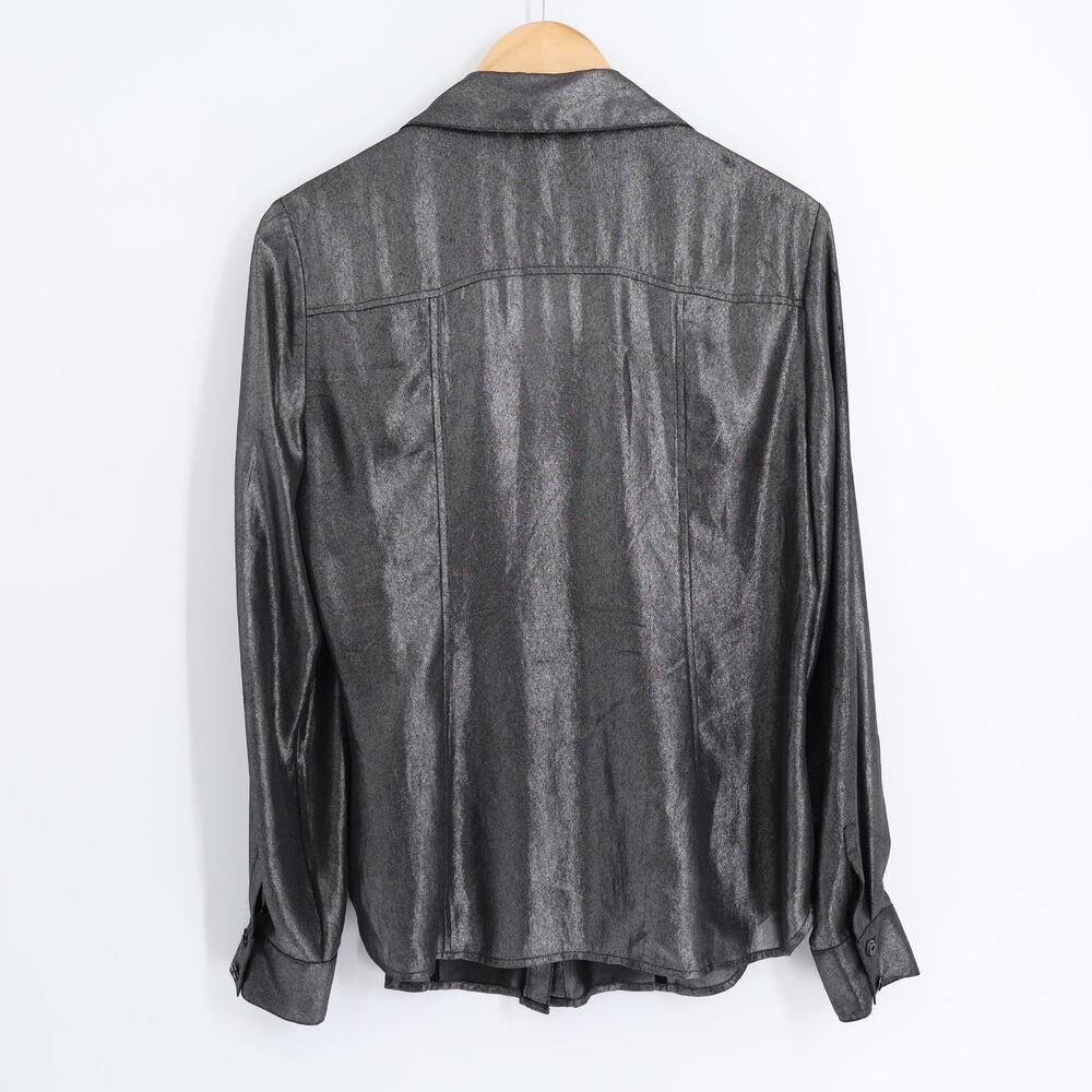 Cache Sz L Women's Metallic Black Silver Shirt Long Sleeve Semi Sheer Party - Picture 3 of 9